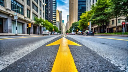 A bright yellow arrow painted on a gray asphalt street points straight ahead, guiding pedestrians and vehicles through a bustling urban intersection.