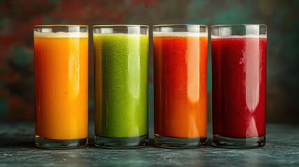 Four glasses of colourful juice in a row on a dark surface.