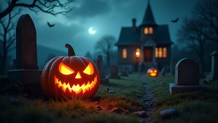 Halloween banner, jack o lantern and tombstones in spooky cemetery with haunted house and bats on Halloween night
