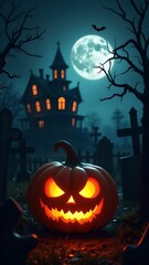 Halloween banner, jack o lantern and tombstones in spooky cemetery with haunted house and bats on Halloween night