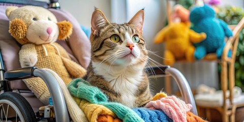 A calm and content disabled cat sits in a specialized wheelchair, its curious eyes looking up, surrounded by soft toys and cozy blankets.