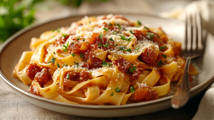 Fototapeta premium Plate of tagliatelle pasta with tomato sauce and cheese.