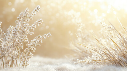 White fluffy plants illuminated by soft golden sunlight.