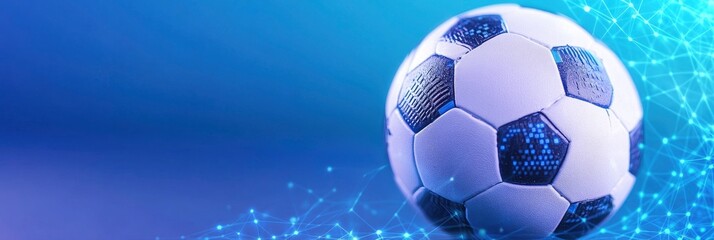 A soccer ball with a computerized analytics interface is signifying data analysis and online sports betting.