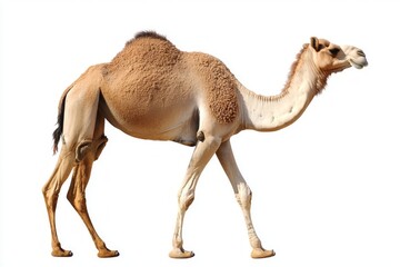 dromedary camel, characterized by its prominent single hump, walks confidently, showcasing its graceful form and unique features against a stark white background.