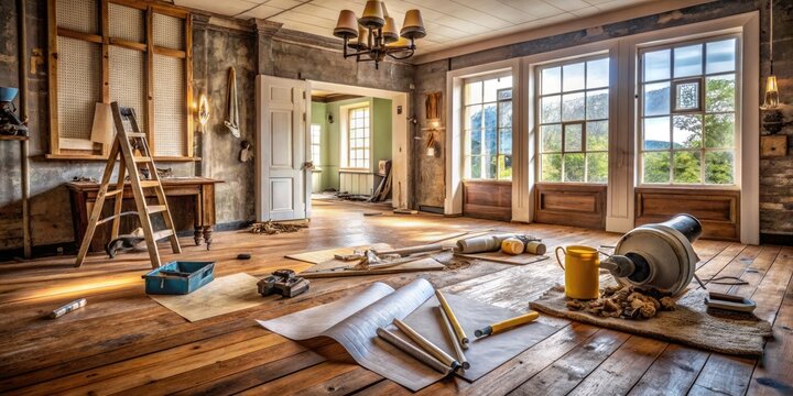 A charming old house with worn wooden floors and vintage fixtures awaits renovation, surrounded by tools and blueprints, promising a new lease on life.