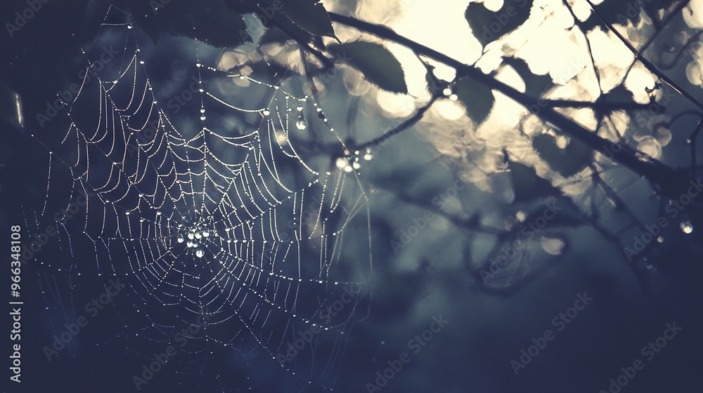 Poster a spider web with drops of water on a tree branch