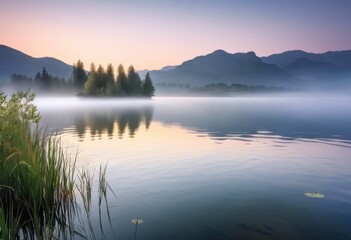 Fototapeta premium serene lakeside reflections dawn soft morning light calm water surface, tranquility, nature, scenery, landscape, beauty, peaceful, sky, clouds, colors, mist