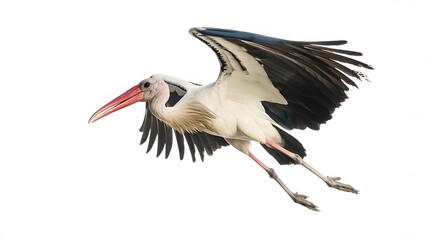 Fototapeta premium Marabou Stork Bird Flying on White Background, Photo Realistic, Wallpaper, Cover and Screen for Smartphone, PC, Laptop, 9:16 and 16:9 Format