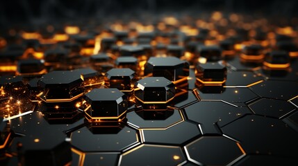 Fototapeta premium black hexagonal background with yellow hexagons with gold lines.
