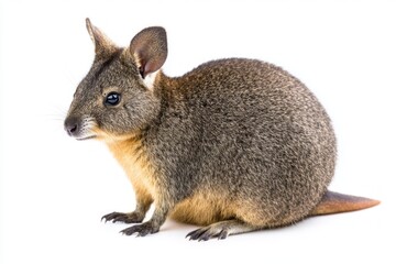 dusky pademelon sits upright, displaying its round body and short limbs in a moment of calm. The minimalist white background enhances its charming features and natural beauty.