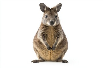 dusky pademelon sits upright, highlighting its charming round body and short limbs, creating a delightful contrast against the clean white background.