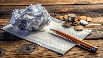 A close-up shot of a crumpled paper bill with a scribbled calculation, surrounded by scattered coins and a pencil, on a cluttered wooden desk.
