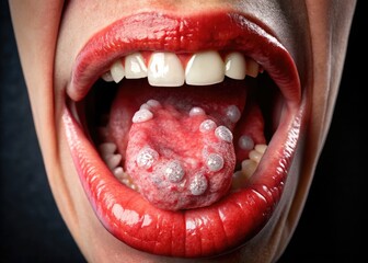 A close-up shot of a tongue with white patches and red lesions, illustrating oral cancer symptoms, against a dark background for medical illustration purposes.