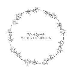 Leaves wreath with leaves and branches. Decorative elements for wedding design. Ink hand drawing illustration, rustic styles.