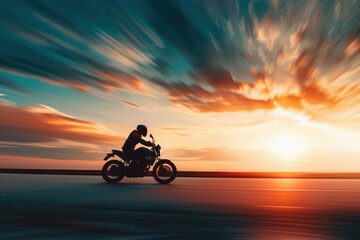 Fototapeta premium Two motorcyclists ride down a road at sunset, generative ai image