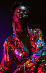 Portrait of a black woman in iridescent dress, neon colors.