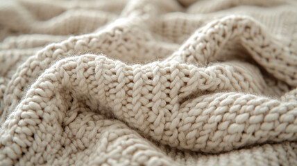 Close-up of a beige knitted blanket with intricate textures.