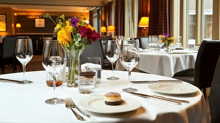  A white table, topped by a vase brimming with flowers, glasses of water, and a plate with a pastry