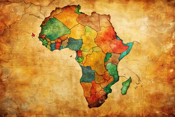 A colorful, detailed, and textured vintage-style map of Africa, showcasing country borders, capitals, and geographical features, with a worn and distressed paper effect.