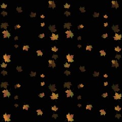 Colorful autumn leaves scattered across a dark background in a whimsical pattern