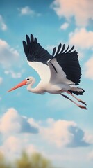 Obraz premium Marabou Stork Bird Flying Under Blue Sky, Photo Realistic, Wallpaper, Cover and Screen for Smartphone, PC, Laptop, 9:16 and 16:9 Format