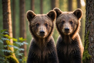 Obraz premium two young brown bear cub in the forest