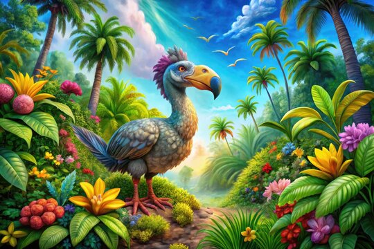 A colorful illustration of a extinct dodo bird standing on a vibrant tropical island surrounded by lush greenery and exotic flowers in a whimsical setting.