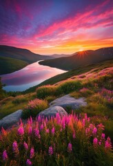 Fototapeta premium vibrant landscape bathed bright sunrise hues colorful skies lush greenery, colors, sky, nature, morning, light, scenery, clouds, view, beauty, scenic