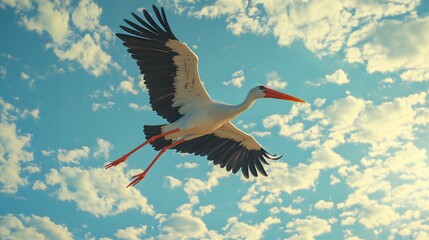 Obraz premium Marabou Stork Bird Flying Under Blue Sky, Photo Realistic, Wallpaper, Cover and Screen for Smartphone, PC, Laptop, 9:16 and 16:9 Format