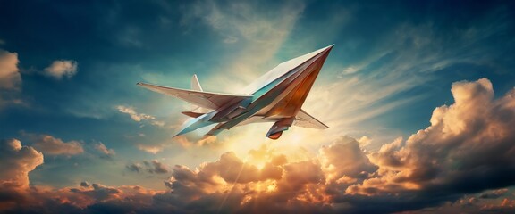 A stylized paper airplane takes flight against a backdrop of a bright sky filled with fluffy clouds. The image evokes feelings of freedom, imagination, and adventure, making it ideal for creative and