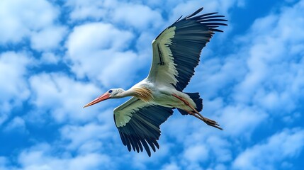 Marabou Stork Bird Flying Under Blue Sky, Photo Realistic, Wallpaper, Cover and Screen for Smartphone, PC, Laptop, 9:16 and 16:9 Format