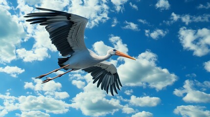 Fototapeta premium Marabou Stork Bird Flying Under Blue Sky, Photo Realistic, Wallpaper, Cover and Screen for Smartphone, PC, Laptop, 9:16 and 16:9 Format
