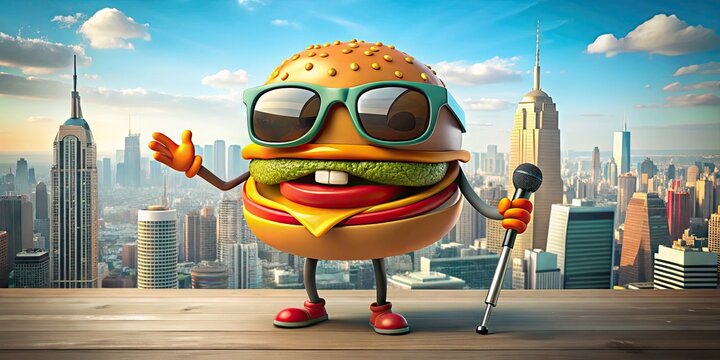 A colorful, whimsical illustration of a smiling cartoon burger character wearing sunglasses, holding a microphone, and standing in front of a city skyline background.