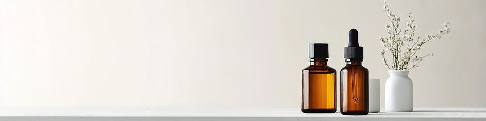 Amber glass bottles on a neutral background with copy space