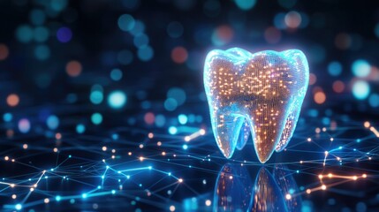 Digital rendering of a molar tooth depicted as a glowing, blue wireframe structure against a dark, networked background with illuminated nodes