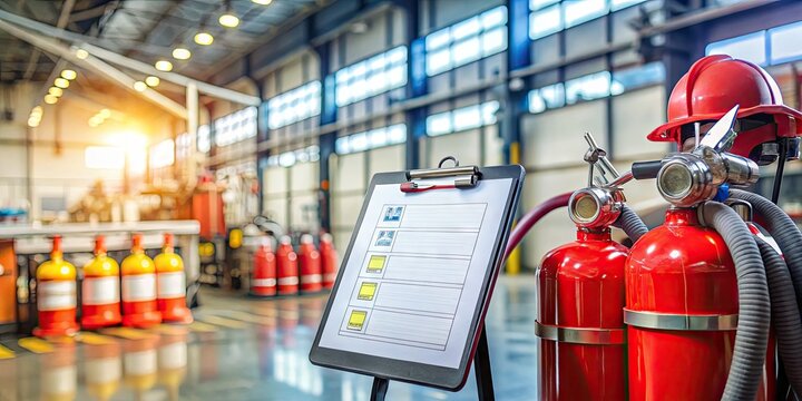 A comprehensive checklist of fire safety equipment, including extinguishers, alarms, and protective gear, displayed on a clipboard with a blurred industrial background.