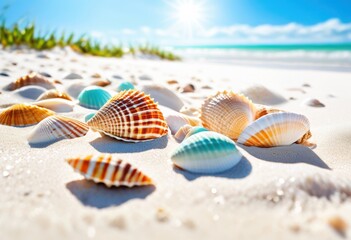 vibrant seashells displayed bright beach soft sand clear blue waves, ocean, nature, summer, coastline, tropical, shoreline, marine, texture, sunlight