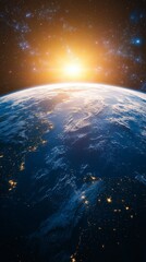 Fototapeta premium A breathtaking view of Earth from space, showcasing vibrant blue planet illuminated by suns golden rays. highlighted ozone layer adds stunning visual element to this cosmic scene. 