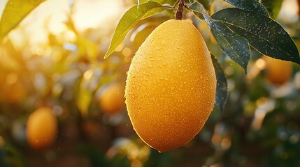   A zoomed-in image of an orange-laden tree, with droplets of water on the juicy fruit