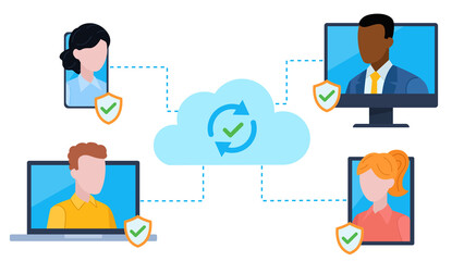 Team communication via cloud connection. The connection is secured with antivirus protection. Characters appear on screens of different devices. Flat design illustration. 