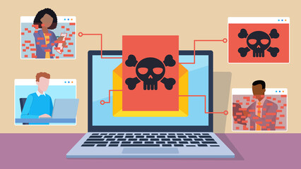 Flat design illustration. Laptop on desk hacked by virus message. Virus infects tiles and other employees' computers by taking over their connection.  © Animation_vector