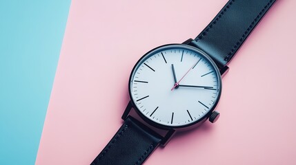 Minimalist black wristwatch on pink and blue split background