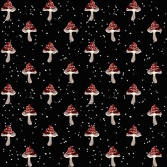 Red and white mushrooms with snowflakes on a black background create a whimsical pattern