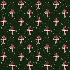 Repeating pattern of whimsical mushrooms against a dark green background in a playful design