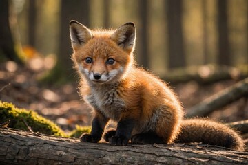 Naklejka premium baby fox kit sitting in the woods