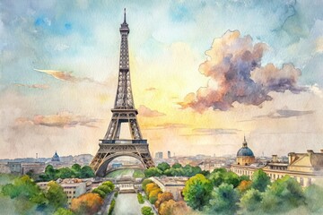 A delicate pencil sketch of the iconic iron lattice Eiffel Tower rises above the Parisian cityscape, surrounded by subtle watercolor hues and soft textures.