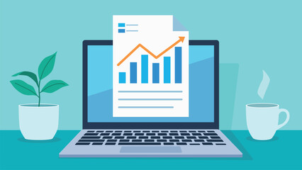 A laptop on a desk. A flower and coffee are next to the laptop. A document with a bar chart is displayed on the laptop screen. Flat design vector.