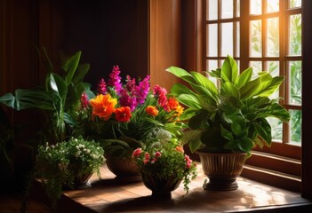 Fototapeta premium lively colorful plant arrangements showcased under bright natural light beautiful indoor setting, vibrant, colors, greenery, decoration, botanical, fresh