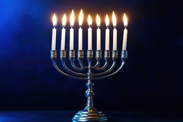 A shimmering hanukkah menorah featuring eight candles radiating warmth against a serene blue background, creating an inviting atmosphere for your joyful celebrations